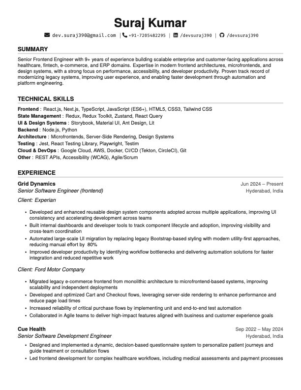 Preview of Suraj Kumar's resume